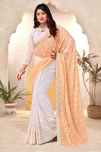 Yellow White Resham Embroidery Work Georgette Saree