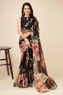 Black Floral Print Georgette Saree with Sequin Embroidered Border 1
