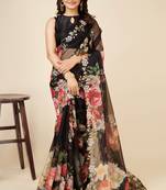 Black Floral Print Georgette Saree with Sequin Embroidered Border