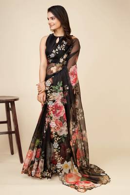 Black Floral Print Georgette Saree with Sequin Embroidered Border 2