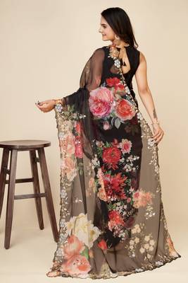 Black Floral Print Georgette Saree with Sequin Embroidered Border 3