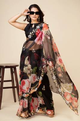 Black Floral Print Georgette Saree with Sequin Embroidered Border 5