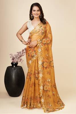 Yellow Organza Saree With Unstitched Blouse 3