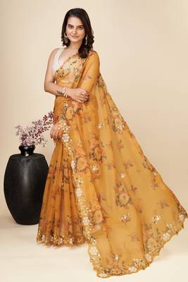 Yellow Organza Saree With Unstitched Blouse 1