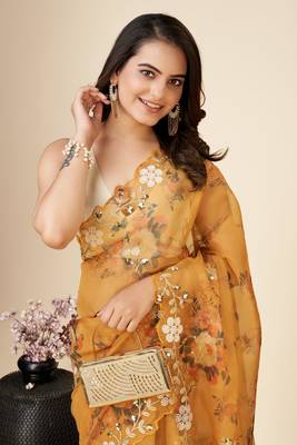 Yellow Organza Saree With Unstitched Blouse 5