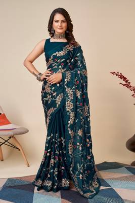 Teal Art Silk Embroidered Saree with Unstitched Blouse 1