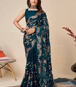 Teal Art Silk Embroidered Saree with Unstitched Blouse