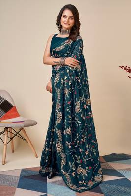 Teal Art Silk Embroidered Saree with Unstitched Blouse 2