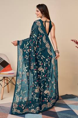 Teal Art Silk Embroidered Saree with Unstitched Blouse 3