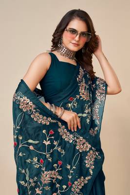 Teal Art Silk Embroidered Saree with Unstitched Blouse 4