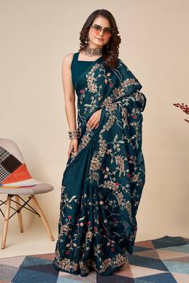 Teal Art Silk Embroidered Saree with Unstitched Blouse 5