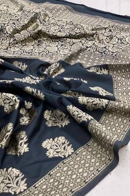 Navy Blue Silk Blend Zari Woven Saree with Unstitched Blouse 3