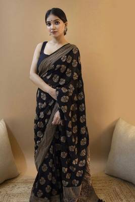 Navy Blue Silk Blend Zari Woven Saree with Unstitched Blouse 1