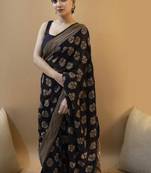 Navy Blue Silk Blend Zari Woven Saree with Unstitched Blouse