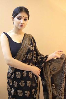 Navy Blue Silk Blend Zari Woven Saree with Unstitched Blouse 6