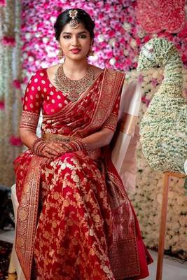Red Silk Blend Zari Work Woven with Unstitched Blouse 1