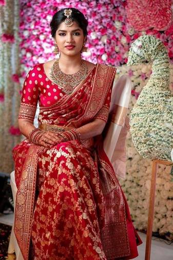 Red Silk Blend Zari Work Woven with Unstitched Blouse