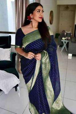 Blue Silk Blend Woven Saree With Unstitched Blouse 1