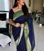 Blue Silk Blend Woven Saree With Unstitched Blouse