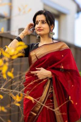 Maroon Cotton Silk Woven Saree with Unstitched Blouse 1