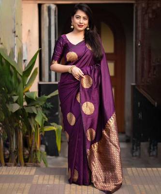 Brinjal Purple art Silk Blend Golden Zari Work Saree with Blouse 1