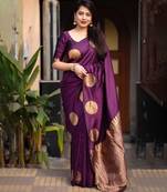 Brinjal Purple art Silk Blend Golden Zari Work Saree with Blouse
