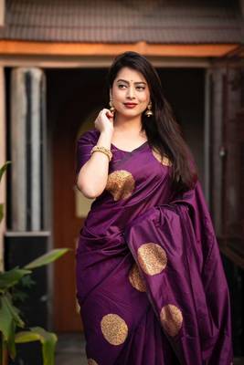 Brinjal Purple art Silk Blend Golden Zari Work Saree with Blouse 5