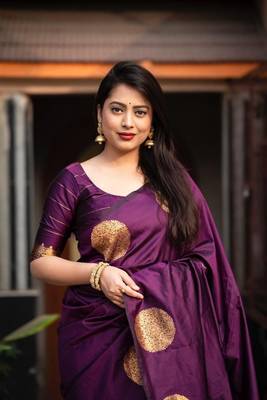Brinjal Purple art Silk Blend Golden Zari Work Saree with Blouse 6