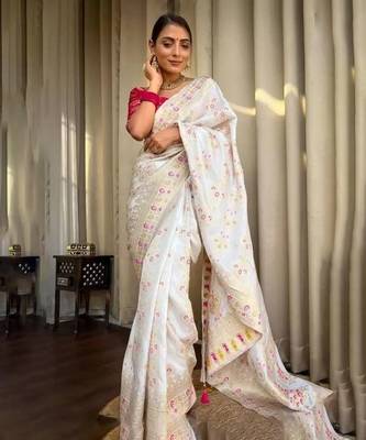 Off White Art Silk Sarees Woven  Saree With Unstitched Blouse 1