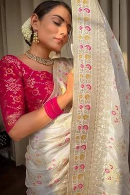 Off White Art Silk Sarees Woven  Saree With Unstitched Blouse 3