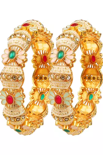 Enamel gold plated floral fusion 2pc bangle