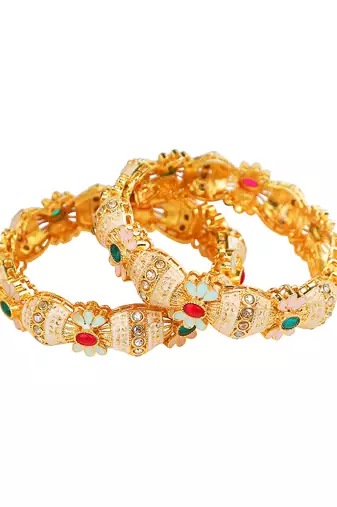 Enamel gold plated floral fusion 2pc bangle