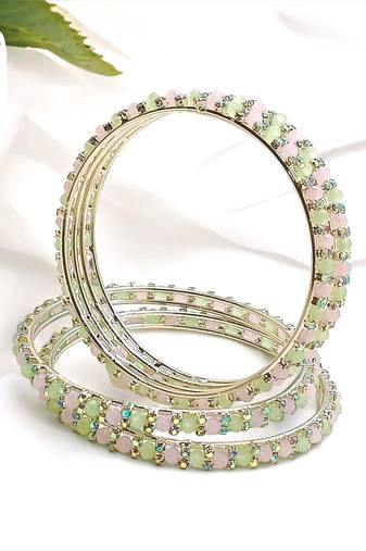 Silver plated crystal mint green and pink 4pc bangle set