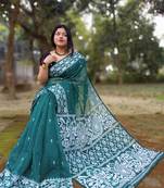 Elegant Dark Cyan Alpona Dhakai Saree With Blouse Piece