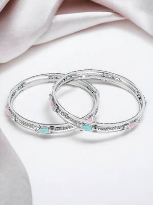 Rhodium plated mint green and pink cz stone bangle 1
