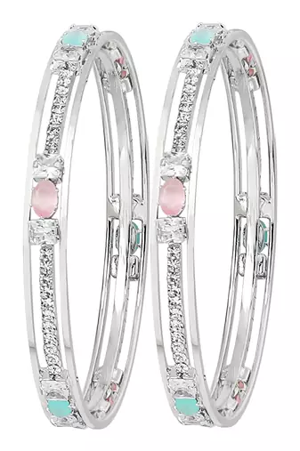 Rhodium plated mint green and pink cz stone bangle