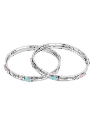 Rhodium plated mint green and pink cz stone bangle 4