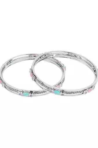 Rhodium plated mint green and pink cz stone bangle