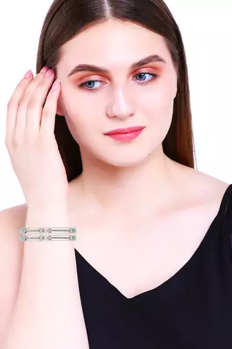 Rhodium plated mint green and pink cz stone bangle