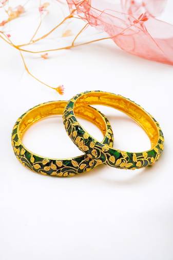 Gold plated green enamel leaf 2pc kada bangle