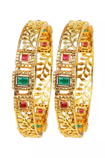Gold plated filigree polki 2pc bangle