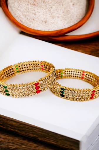 Gold plated cz stone 2pc broad kada bangle
