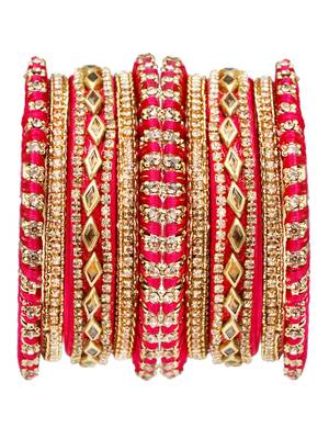 Anitque gold plated cz pink thread work 10pc chuda bangle 1
