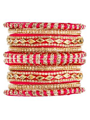 Anitque gold plated cz pink thread work 10pc chuda bangle 2