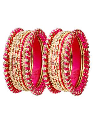Anitque gold plated cz pink thread work 10pc chuda bangle 3