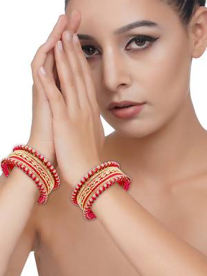 Anitque gold plated cz pink thread work 10pc chuda bangle 4