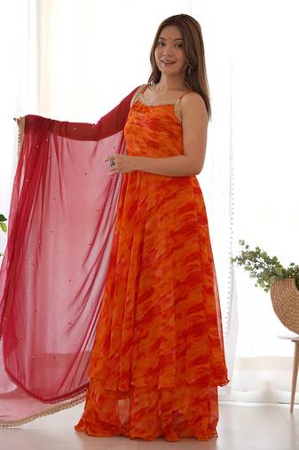 Orange and red bandhani anarkali kurta with dupatta