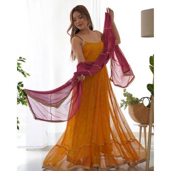 Yellow bandhani anarkali kurta with wine dupatta 1