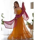 Yellow bandhani anarkali kurta with wine dupatta