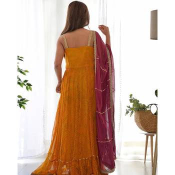 Yellow bandhani anarkali kurta with wine dupatta 2